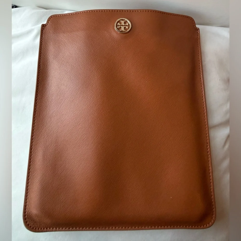 Tory Burch Brown Leather Tablet iPad Sleeve Case Logo